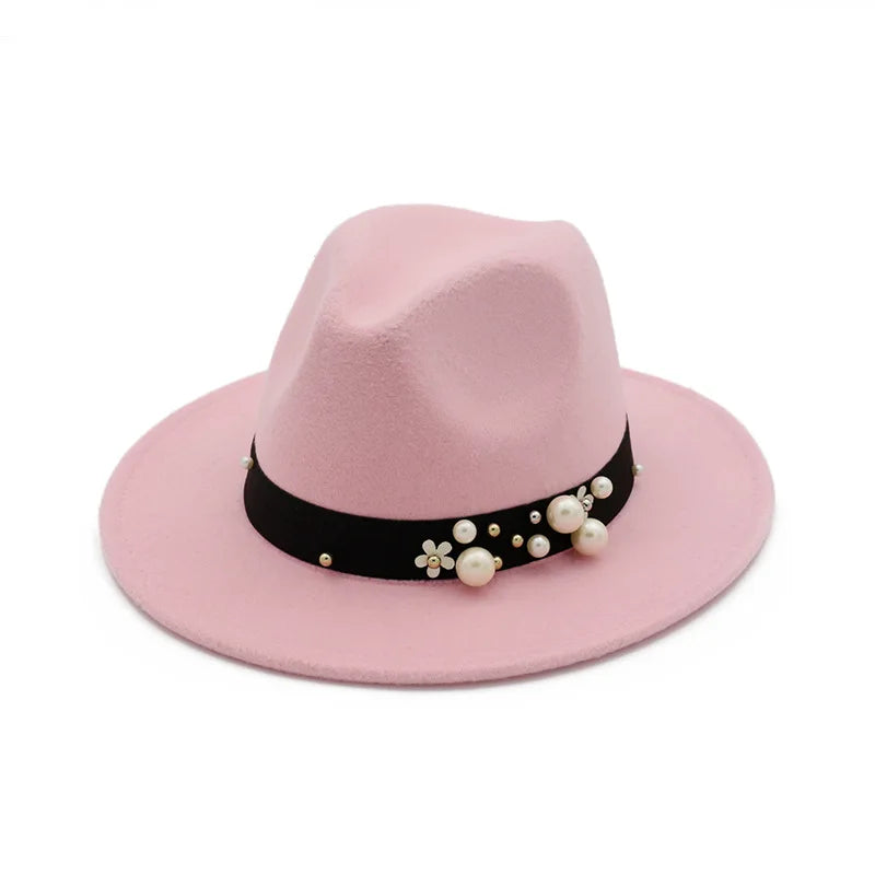 Pearls Band Fedora Hats for Women Wide Brim Dress Party Ladies Jazz Caps Felted Hat Panama Church Wedding Sombreros De Mujer