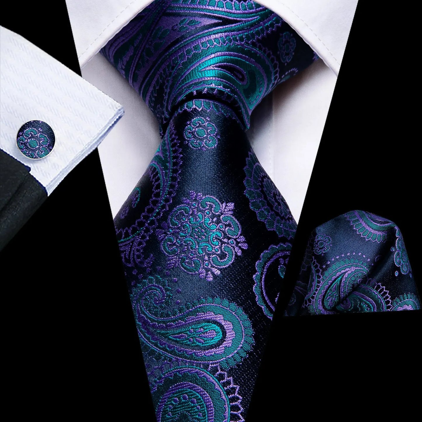 Navy Blue Paisley Silk Wedding Tie For Men 160cm Long Handky Cufflink Mens Necktie Set Fashion Designer Business Party Dropship