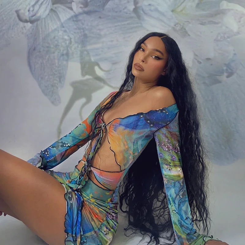 Woman Cut Out V-Neck Long Sleeve Bodycon Top Butterfly Print Graffiti Skinny Mini Skirt Midnight Club 2 Piece Sets 2023 Summer