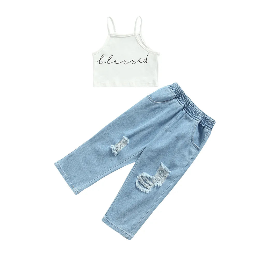 2 Pcs Toddler Casual Outfits, Girls Short Letter Print Halter Tank Tops + Ripped Jeans with Pockets 2-7T