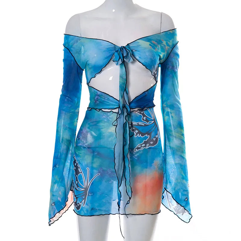 Woman Cut Out V-Neck Long Sleeve Bodycon Top Butterfly Print Graffiti Skinny Mini Skirt Midnight Club 2 Piece Sets 2023 Summer