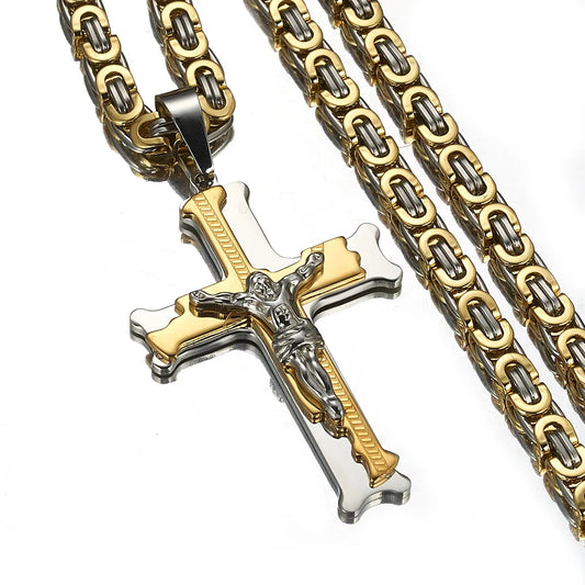 Christian Jesus Cross Pendant Necklace 6mm Wide Link Byzantine Chain Stainless Steel Silver/Gold/Silver-Gold/Silver-Black Color