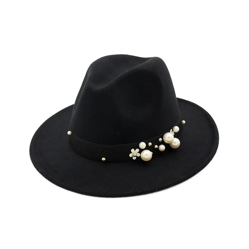 Pearls Band Fedora Hats for Women Wide Brim Dress Party Ladies Jazz Caps Felted Hat Panama Church Wedding Sombreros De Mujer