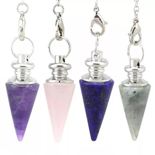 KFT Conical Pendulum Natural Stone Taper Pendulums Silver Color Chain Crystal Pendants for Dowsing Pendule Spiritual Jewelry