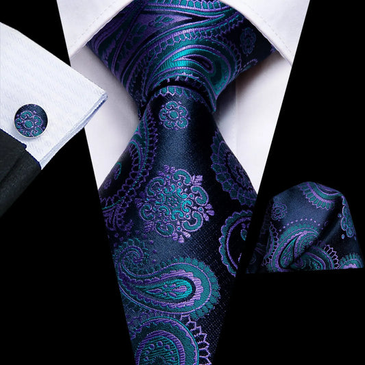Navy Blue Paisley Silk Wedding Tie For Men 160cm Long Handky Cufflink Mens Necktie Set Fashion Designer Business Party Dropship