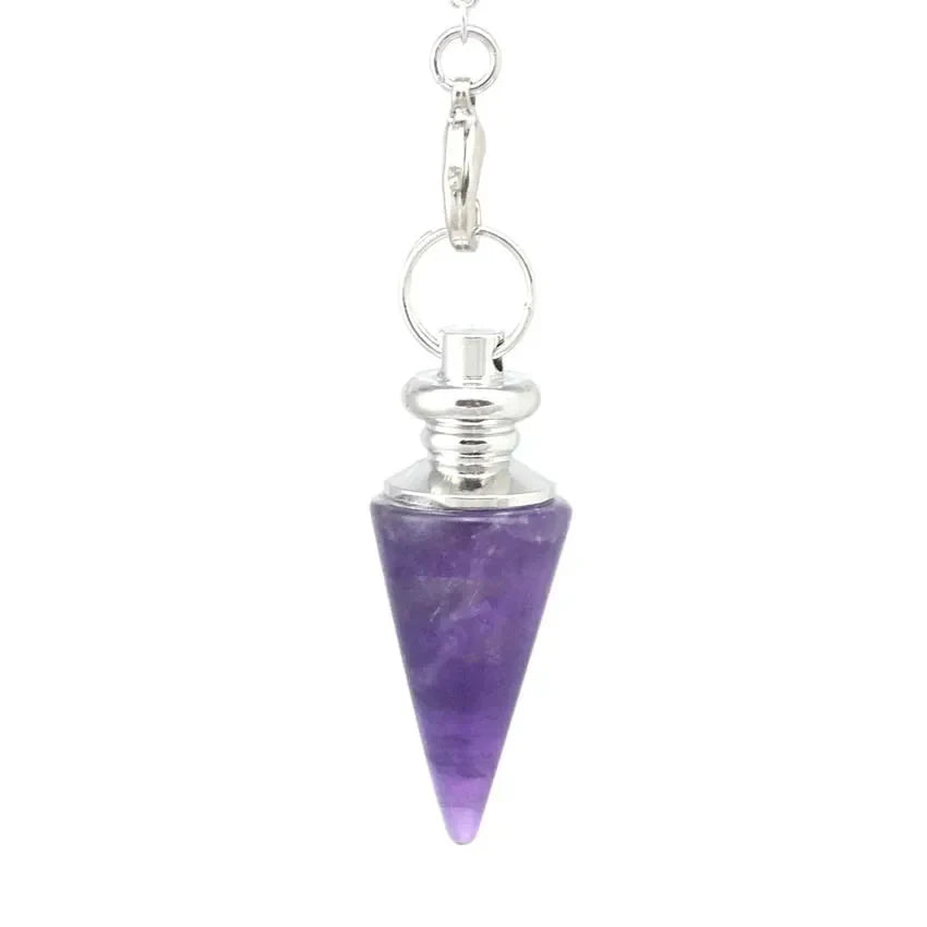 KFT Conical Pendulum Natural Stone Taper Pendulums Silver Color Chain Crystal Pendants for Dowsing Pendule Spiritual Jewelry