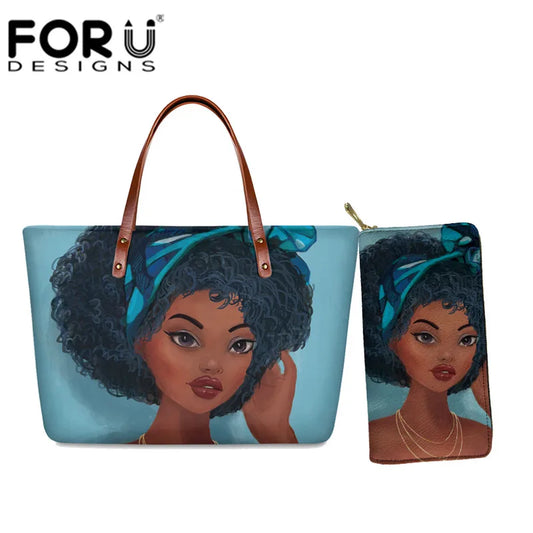 FORUDESIGNS African Girl 2pcs/Set Handbag Black Queen Women Luxury Shoulder Bag With PU Leather Wallet Sac Main for Travel