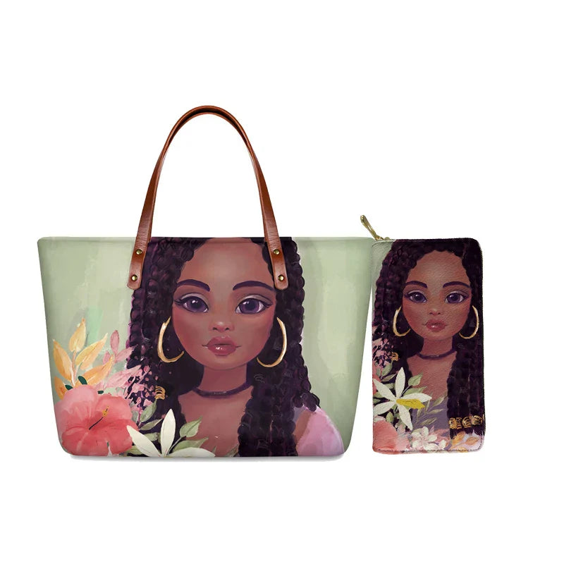 FORUDESIGNS African Girl 2pcs/Set Handbag Black Queen Women Luxury Shoulder Bag With PU Leather Wallet Sac Main for Travel