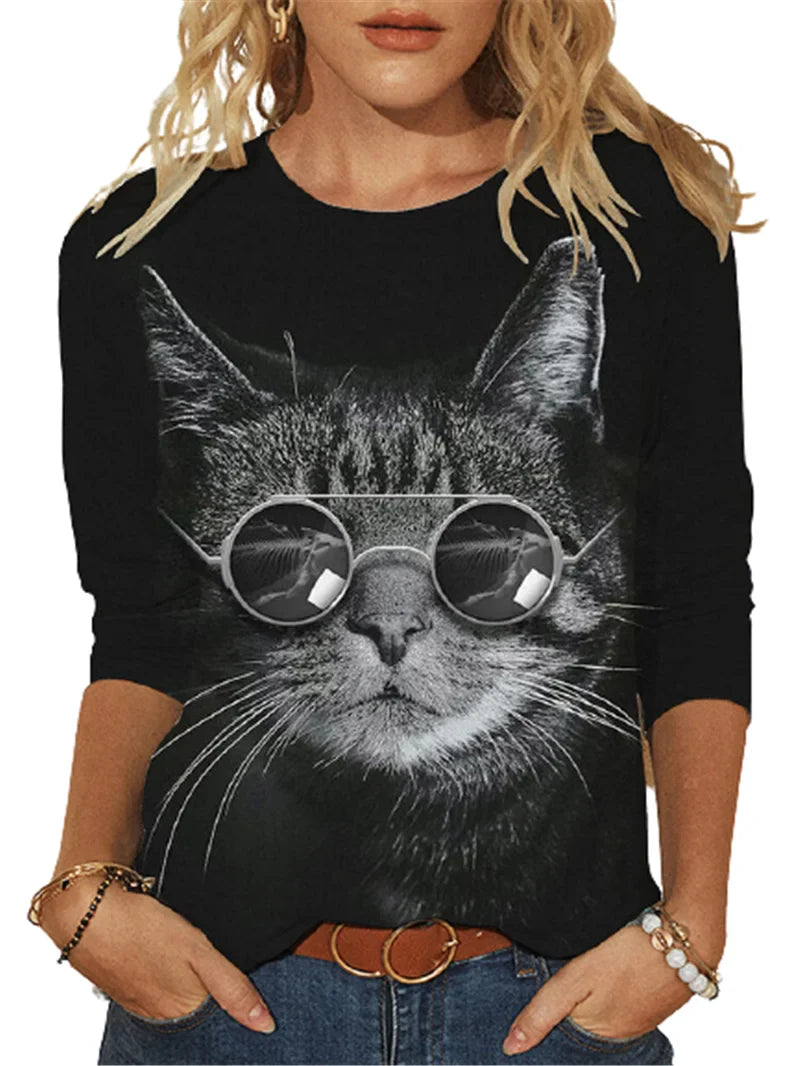 Fashion Cool Glasses Cat 3D Print T-shirt Women Casual O-Neck Long Sleeve Tops 2022 Spring Autumn Streetwear Lady Female Tees