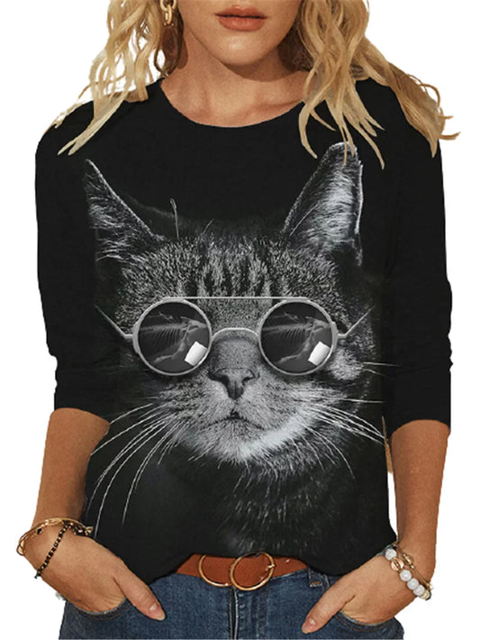 Fashion Cool Glasses Cat 3D Print T-shirt Women Casual O-Neck Long Sleeve Tops 2022 Spring Autumn Streetwear Lady Female Tees