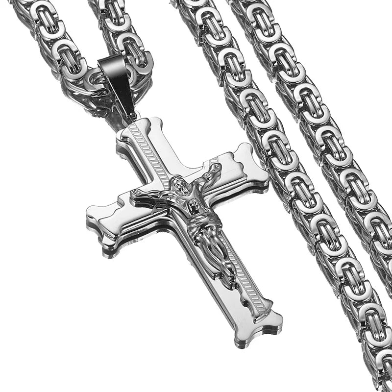 Christian Jesus Cross Pendant Necklace 6mm Wide Link Byzantine Chain Stainless Steel Silver/Gold/Silver-Gold/Silver-Black Color
