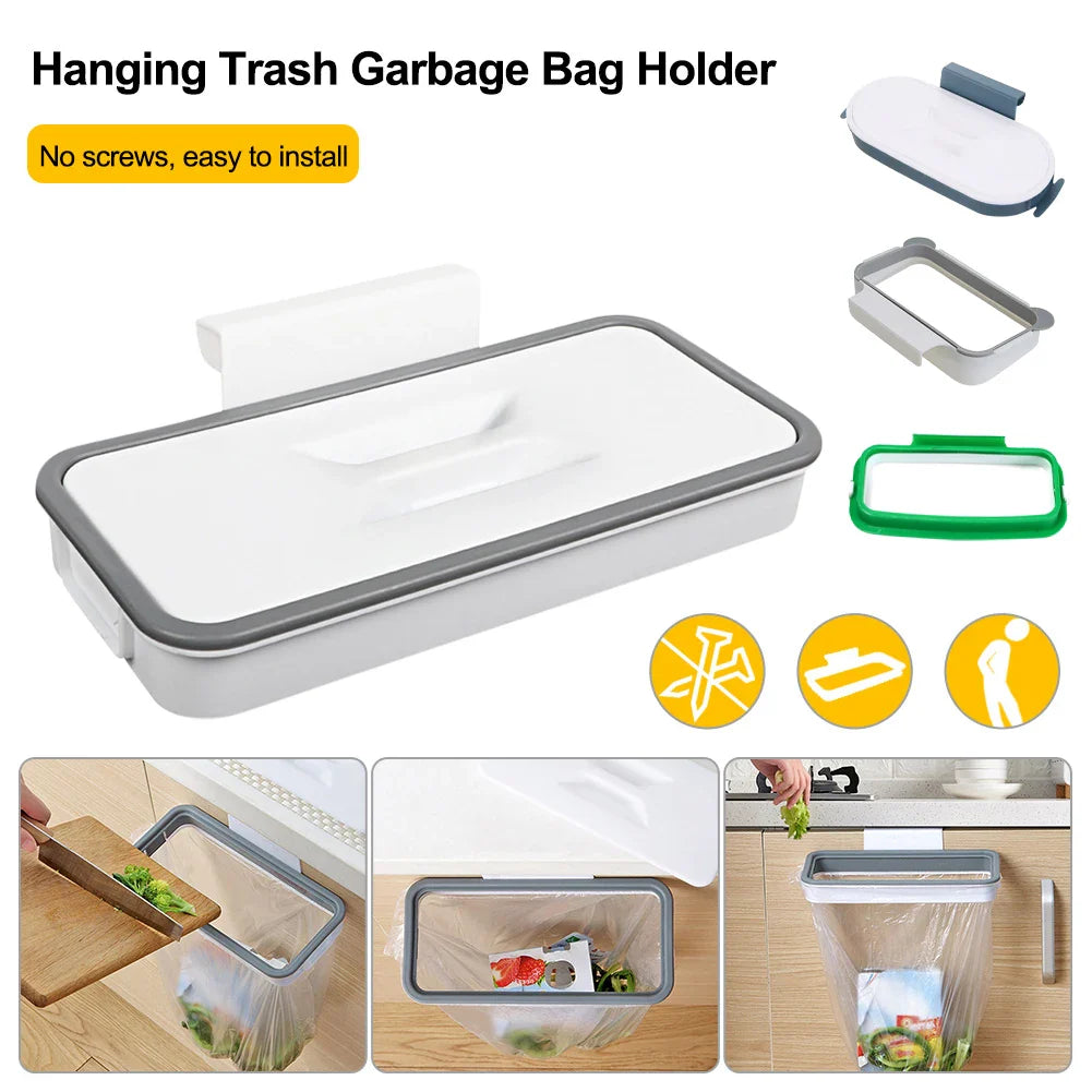 New Kitchen Cabinet Door Basket Hanging Trash Can Waste Bin Garbage Bag Holder Portable Kitchen Trash Bag Holder Kitchen Gadgets