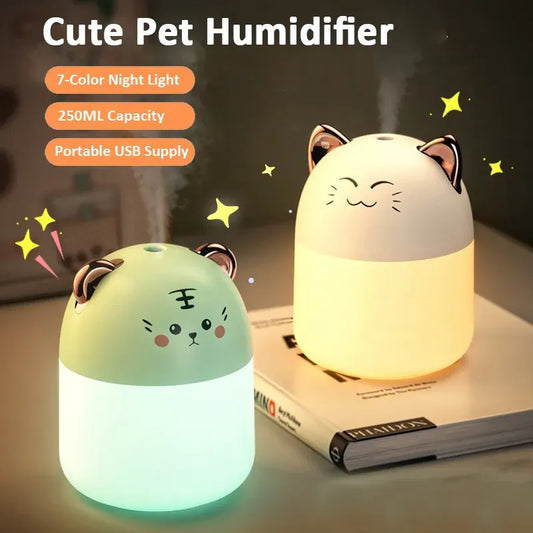 250ml Ultrasonic Air Humidifier Cute Pet Aroma Diffuser with Colorful Night Light Cool Mist Humidifiers for Home Office Bedroom