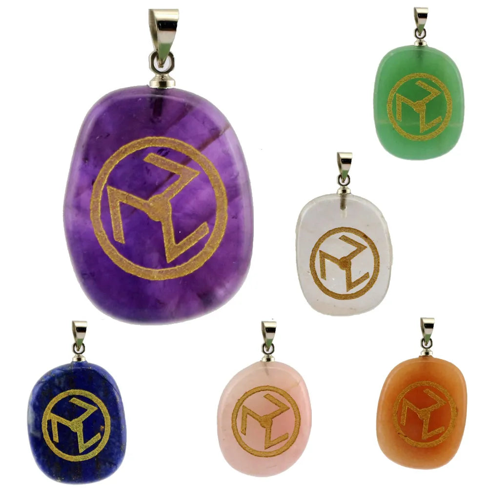 20x25mm Natural Stone Amethyst Pendant Runic Reiki Symbol Redstone Pendant For Jewelry DIY Necklace Sweater Chain Accessories